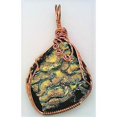 Blue Gold Dichroic Glass Copper Wire Wrap Pendant 5