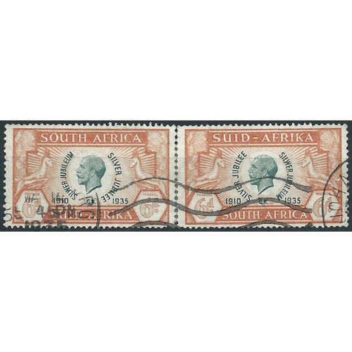South Africa 1939 SG68 6d Green & Orange Silver Jubilee REINFORCED Pair G/U.. ..