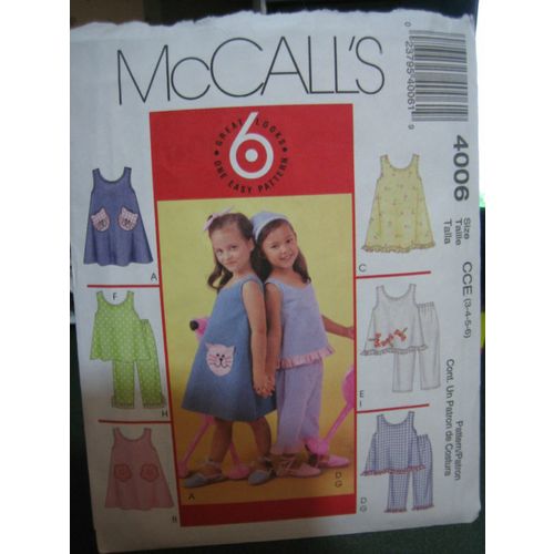 McCall's 4006 Girl's Summer Style Dress, Top & Pants Pattern - Size 3-6