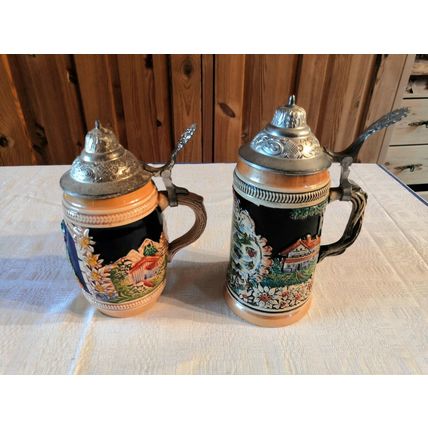 2 x Vintage, West German, Stoneware, Beer Steins, Pewter Lids, Decorative