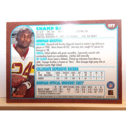 1999 Bowman CHAMP BAILEY (Commanders) Rookie Card blue parallel #177
