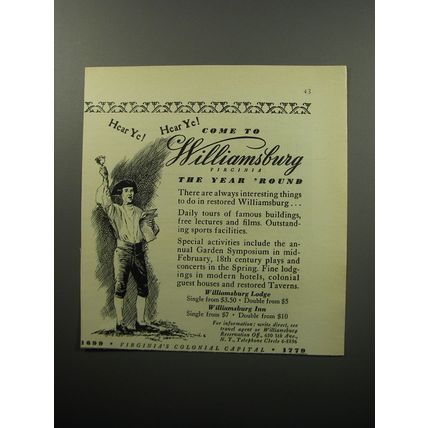 1951 Williamsburg Virginia Ad - Hear ye! Hear ye! Come to Williamsburg Virginia