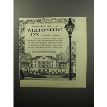 1951 Williamsburg Inn Ad - Motoring south? Stop over at Williamsburg Inn