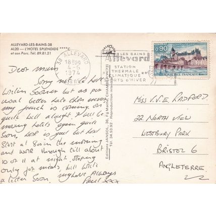 Allevard Les Bains L'Hotel Splendide France Postcard posted 1974 crease