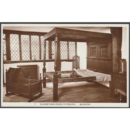 Bedroom, Elizabethan House, Plymouth, Devon, c.1950 - RP Postcard