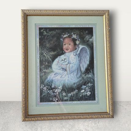 Black African American Child Angel With Kitten 18"X22" Print Framed Matted Wall