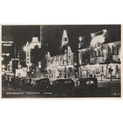 Durban's Theatre Land at Night Illuminations South Africa Antique Postcard