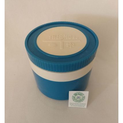 VINTAGE 1970s KING-SEELEY BLUE AND WHITE SOUP THERMOS w LID & STOPPER