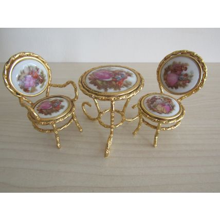 VINTAGE LIMOGES GOLD PLATED DOLLS HOUSE FURNITURE METAL & PORCELAIN