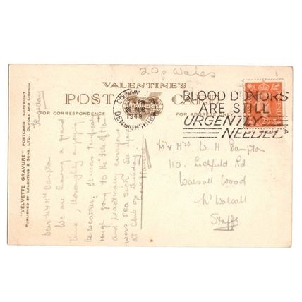 Postcard "Marine Drive, Rhos-on-Sea" + BLOOD DONORS ARE STILL URGENTLY.. Slogan