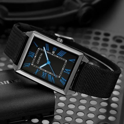 Gents Square Tank Face Date Blue Numbers Steel Back Black Leather Strap Watch