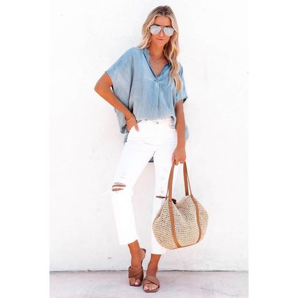 Sky Blue Split V Neck Oversized Denim Blouse