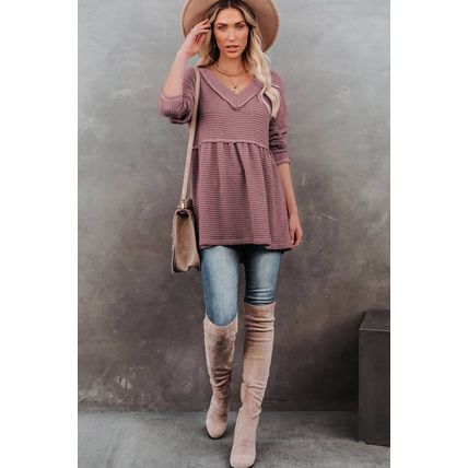 Pink Waffle Knit V Neck Long Sleeve Babydoll Top