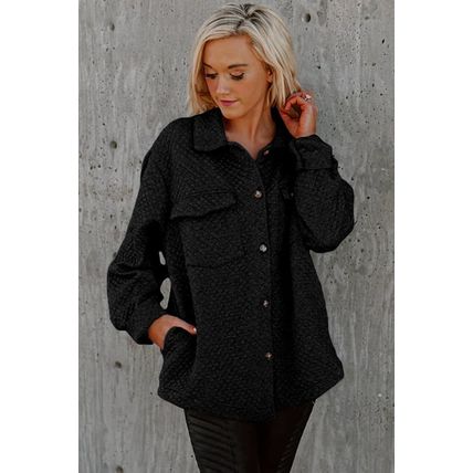 Black Lattice Texture Retro Flap Pocket Button Shacket