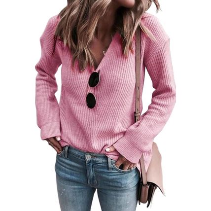 Pink Ribbed Knit V Neck Sweater