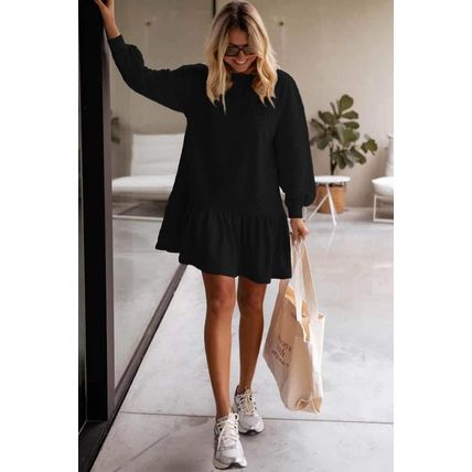 Black Solid Color Puff Sleeve Ruffle Hem Mini Dress