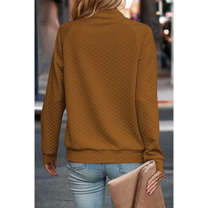 Chestnut Quilted Buttoned Neckline Stand Neck Pullover Sweatshirt