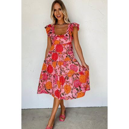 Pink Floral Square Neck Ruffled Flutter Sleeve Tiered Midi Dress
