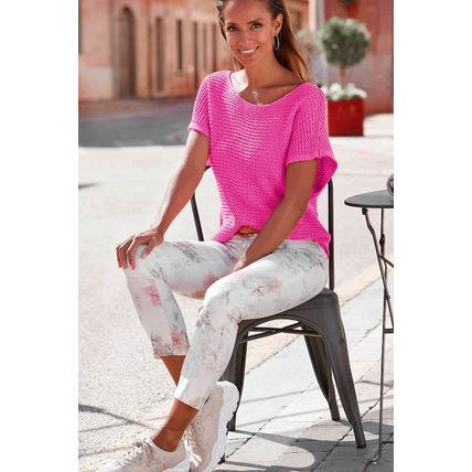 Pink Solid Loose Knit Short Dolman Sleeve Sweater