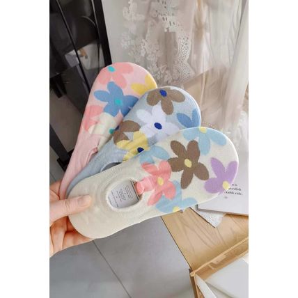 Pink Cute Floral Print No Show Socks