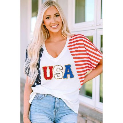 White Chenille USA Stars and Stripes Printed V Neck T Shirt