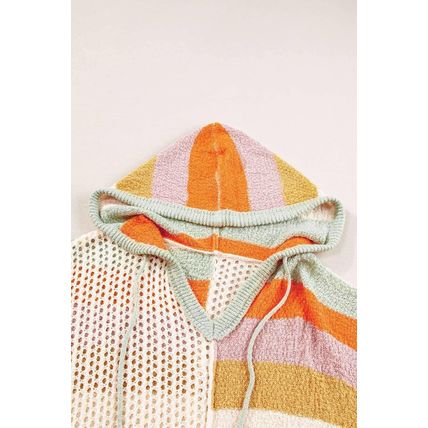 Beige Oversized Colorblock V Neck Hooded Sweater