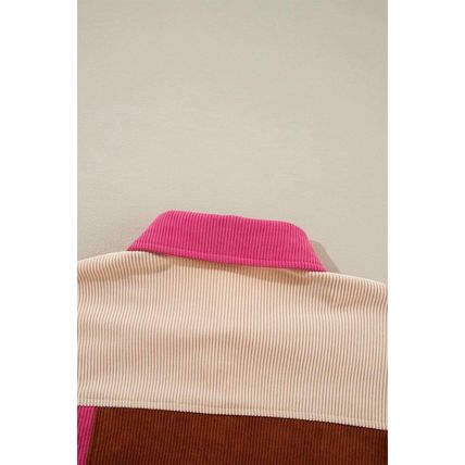 Rose Red Colorblock Curved Hem Corduroy Shacket with Pocket
