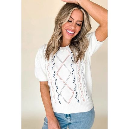 White Multicolor Stitch Detail Cable Knit Short Sleeve Sweater