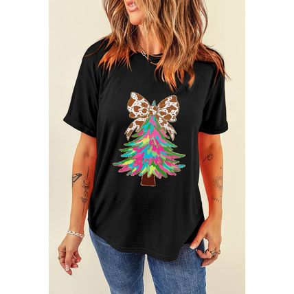 Black Heat Transfer Printing Christmas Tree Bowknot T-Shirt