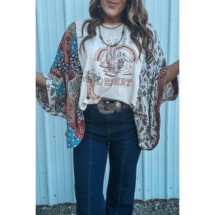 Multicolour Asymmetric Printed Patchwork Sleeve Peace Desert Graphic Top