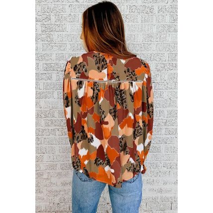 Orange Multicolor Abstract Printed Long Sleeve Blouse