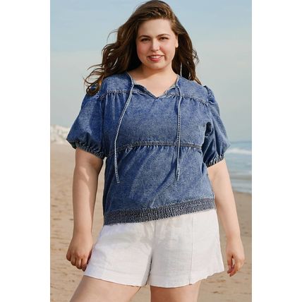 Sail Blue Plus Drawstring V Neck Puff Sleeve Denim Blouse