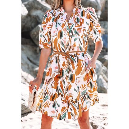 Brown Abstract Printed Puff Sleeve Button Up Braided Belt Mini Dress