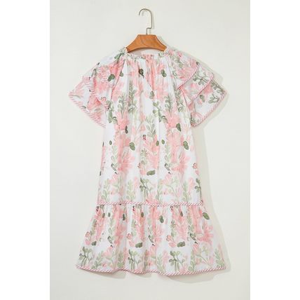 Pink Floral Contrast Edge Layered Short Sleeve Mini Dress