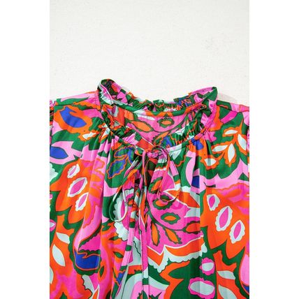 Rose Summer Plant Print Lace up V Neck Short Sleeve Blouse
