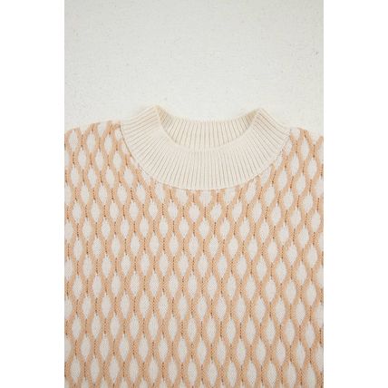 Smoke Gray Rhombus Textured Knit Mock Neck Sweater