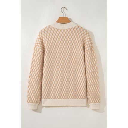 Smoke Gray Rhombus Textured Knit Mock Neck Sweater