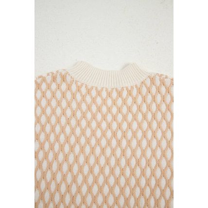 Smoke Gray Rhombus Textured Knit Mock Neck Sweater