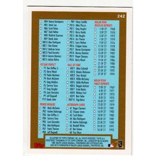 1999 Topps Baseball Series 1 Checklist unmarked card #242