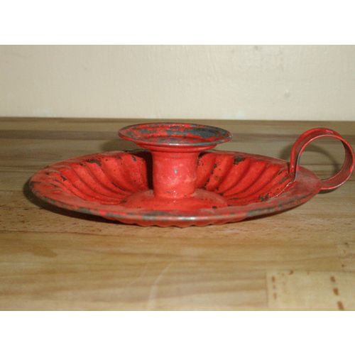 Shabby Chic Red Enamel Chamber Stick / Candle Holder