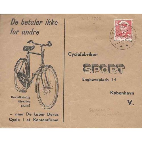 Godthab Greenland Island Commercial Mail 1962 to Denmark, Bicyle Illustrated