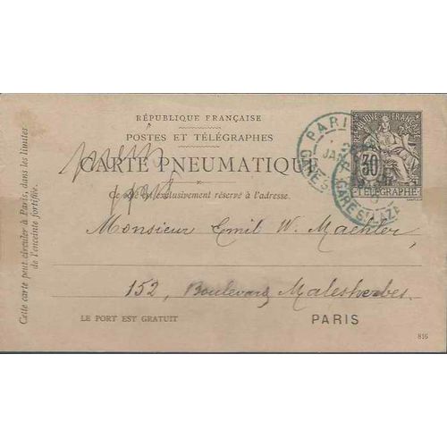 France 1899 Postal Card Pneumatique Tube Paris to Paris