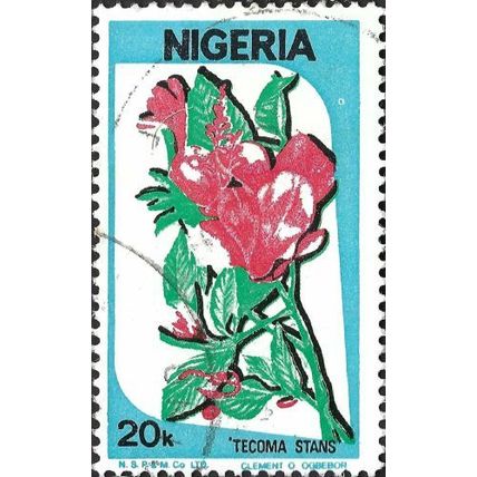 NIGERIA, FLOWER, Yellow trumpetbush, Tecoma stans, blue 1986, 20k, #2