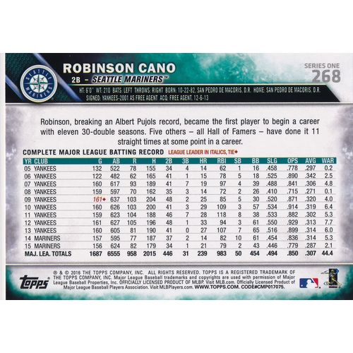 2016 Topps Baseball 268 Robinson Cano Seattle Mariners