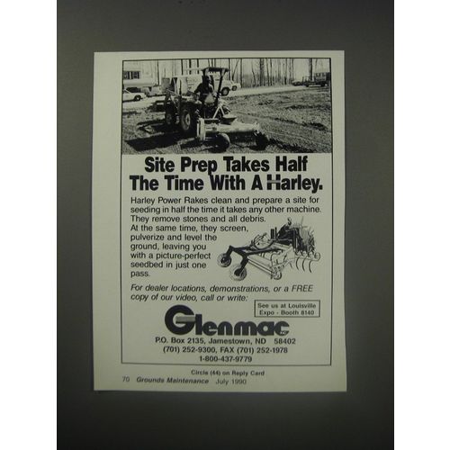 1990 Glenmac Harley Power Rake Ad - Site prep takes half the time with a Harley
