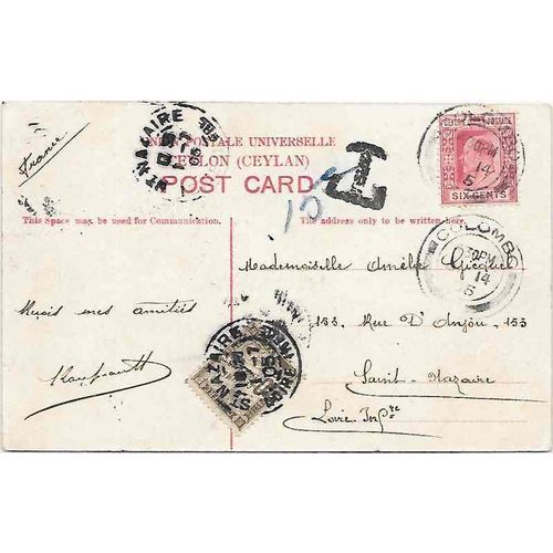 Ceylon to France 1905 Postage Due nicely tied