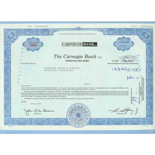 New Jersey na Stock Certificate-Company:  Carnegie Bank NA The-~20