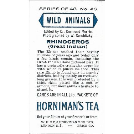 Wild Animals 1958 Horniman's Tea Card 46 - Rhinoceros