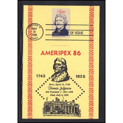 FDC Souvenir Card 2216c Thomas Jefferson AMERIPEX '86 Box0401
