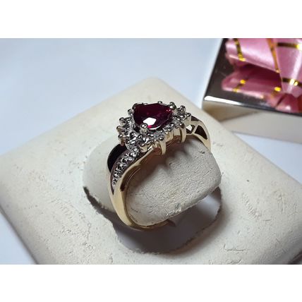 Heart Cut .75cttw Lab Ruby & Natural Rd Diamond 10Kt 2Tone Offset Ring #16094